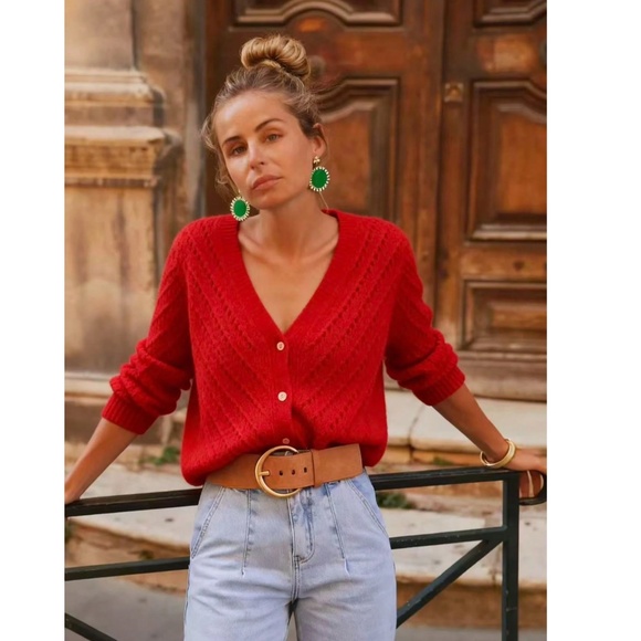 V-Cut Buttoned Down Red Knit Cardigan Textured, Long Sleeve - Picture 2 of 6